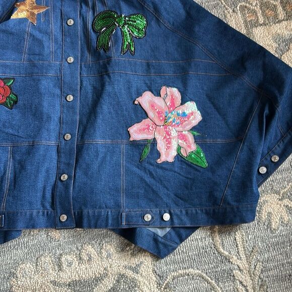 Ashro sleeveless Dress denim look faux patch pockets buttondown sequin stretch 8 - Picture 12 of 17